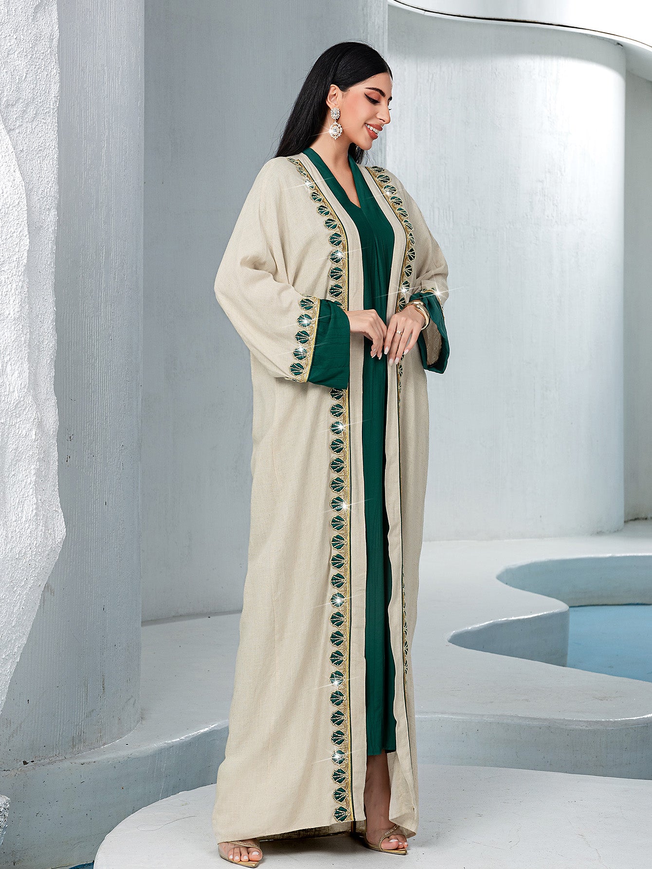 15233 Reversible Gradient Open Abaya  Elegant Long-Sleeve Modest Cardigan