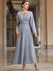 4039 Hand-Swen Bead Embellshments Rhinestone Long Abaya,  Elegant Rmantic Glamorous Vacation Fantasy Long Sleeve