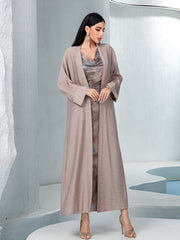 15169 Light Brown Abaya Set! Solid Outer Layer with Tie-Dye Inner Dress, Showcasing Sophisticated Minimalism