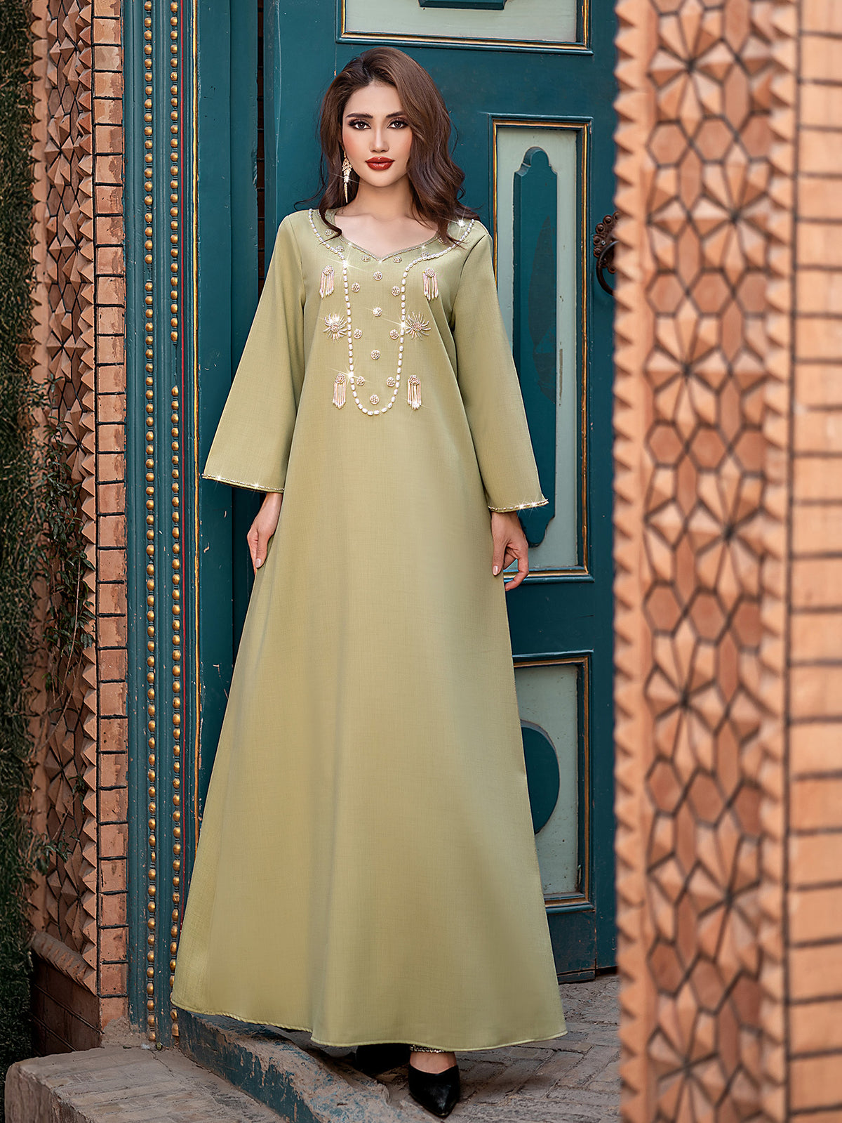 15214 Olive Green Beaded Abaya Dress | V-Neck Design with Delicate Bead Chains, Showcasing Gentle Elegance