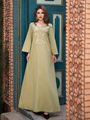 15214 Olive Green Beaded Abaya Dress | V-Neck Design with Delicate Bead Chains, Showcasing Gentle Elegance