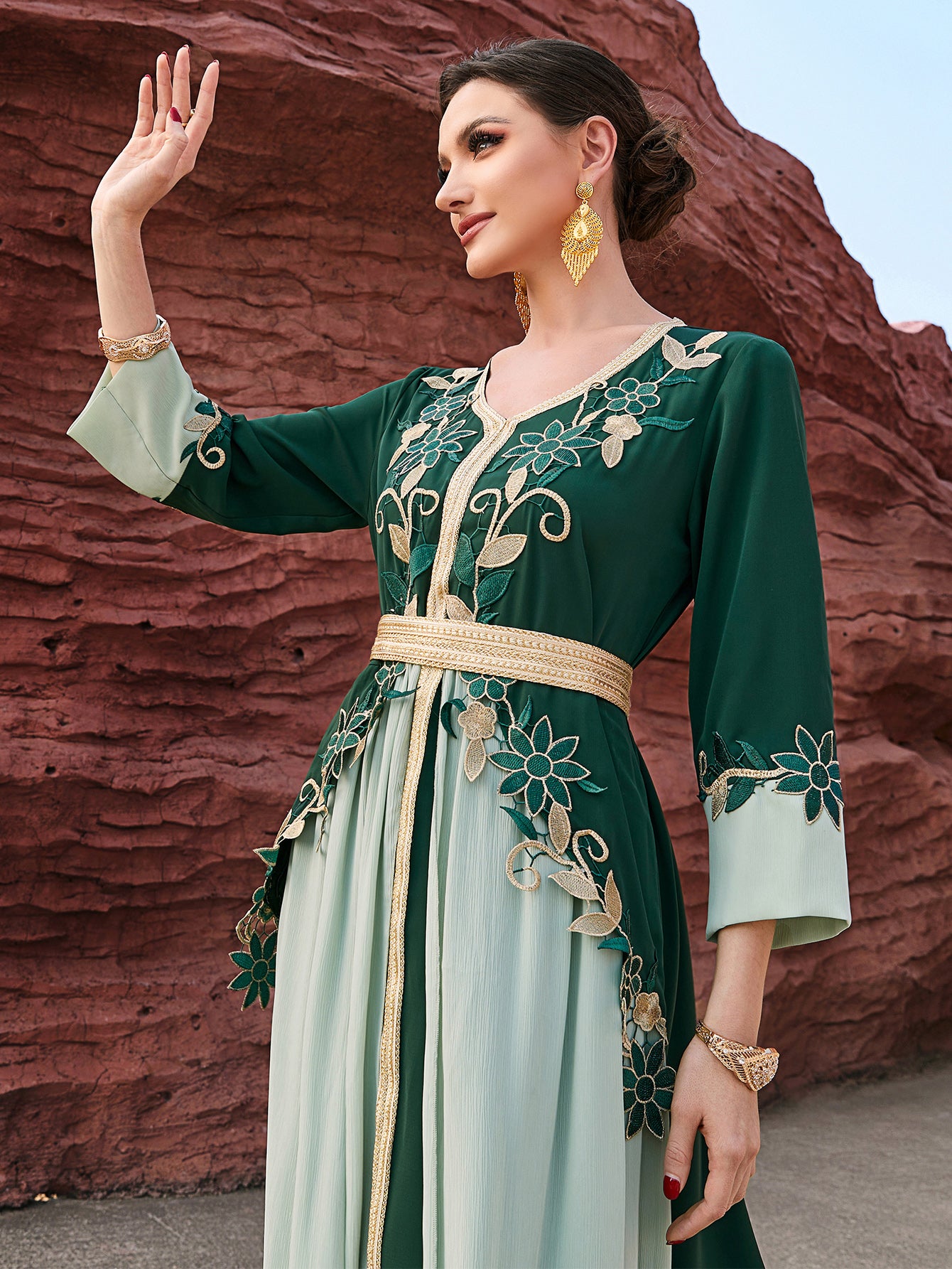 4051 Hand-Swen Bead Embellshments Rhinestone Long Abaya,  Elegant Modest Rmantic Glamorous Vacation Fantasy  Long Sleeve