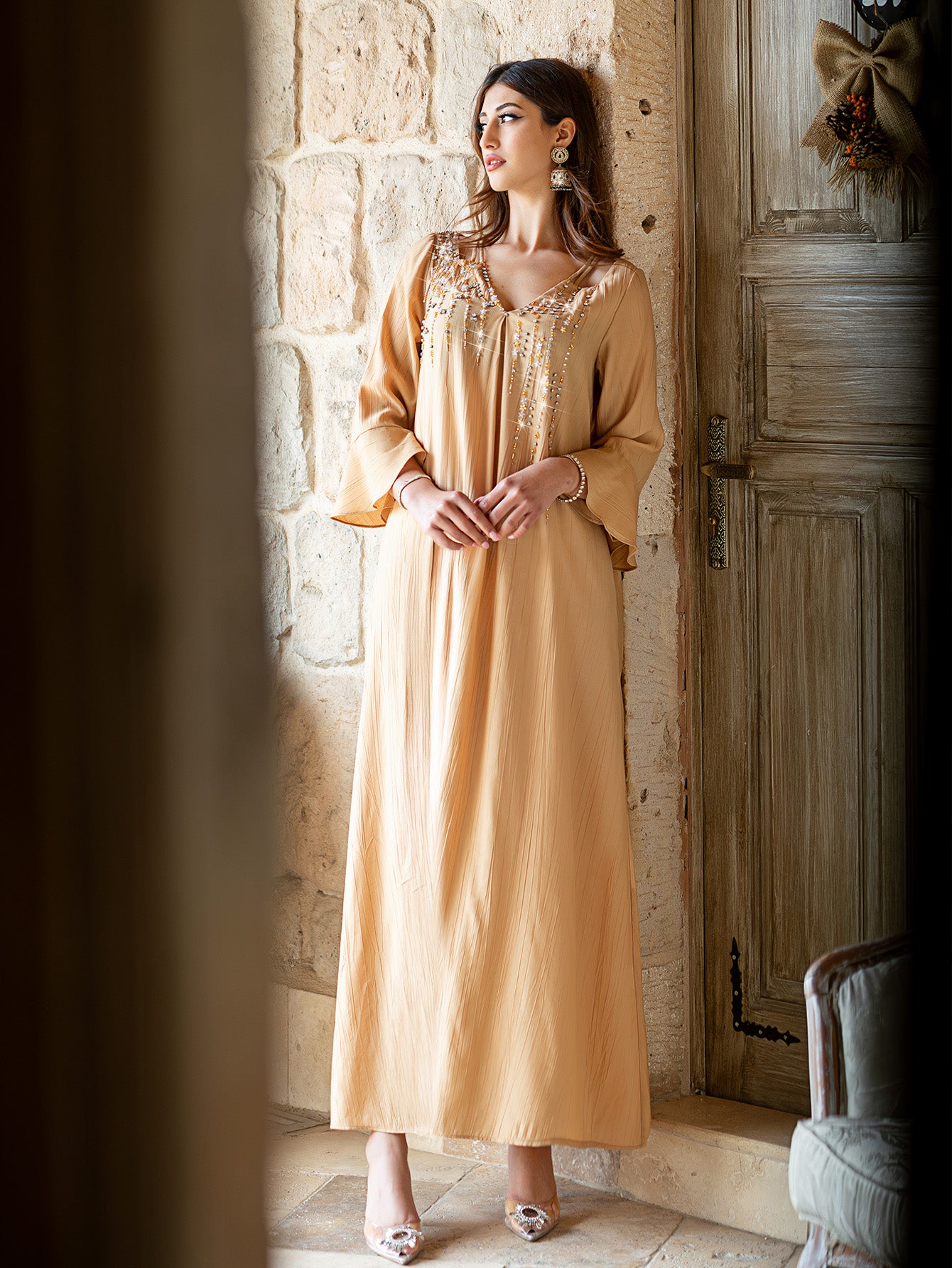 15087 Minimalist Beige Abaya Maxi Dress – Beaded Details Enhance Style, Combining Loose Comfort with Fashion Sense
