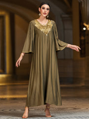 4121 Hand-Swen Bead Embellshments Rhinestone Long Abaya,  Elegant Rmantic Glamorous Vacation Fantasy Short Sleeve