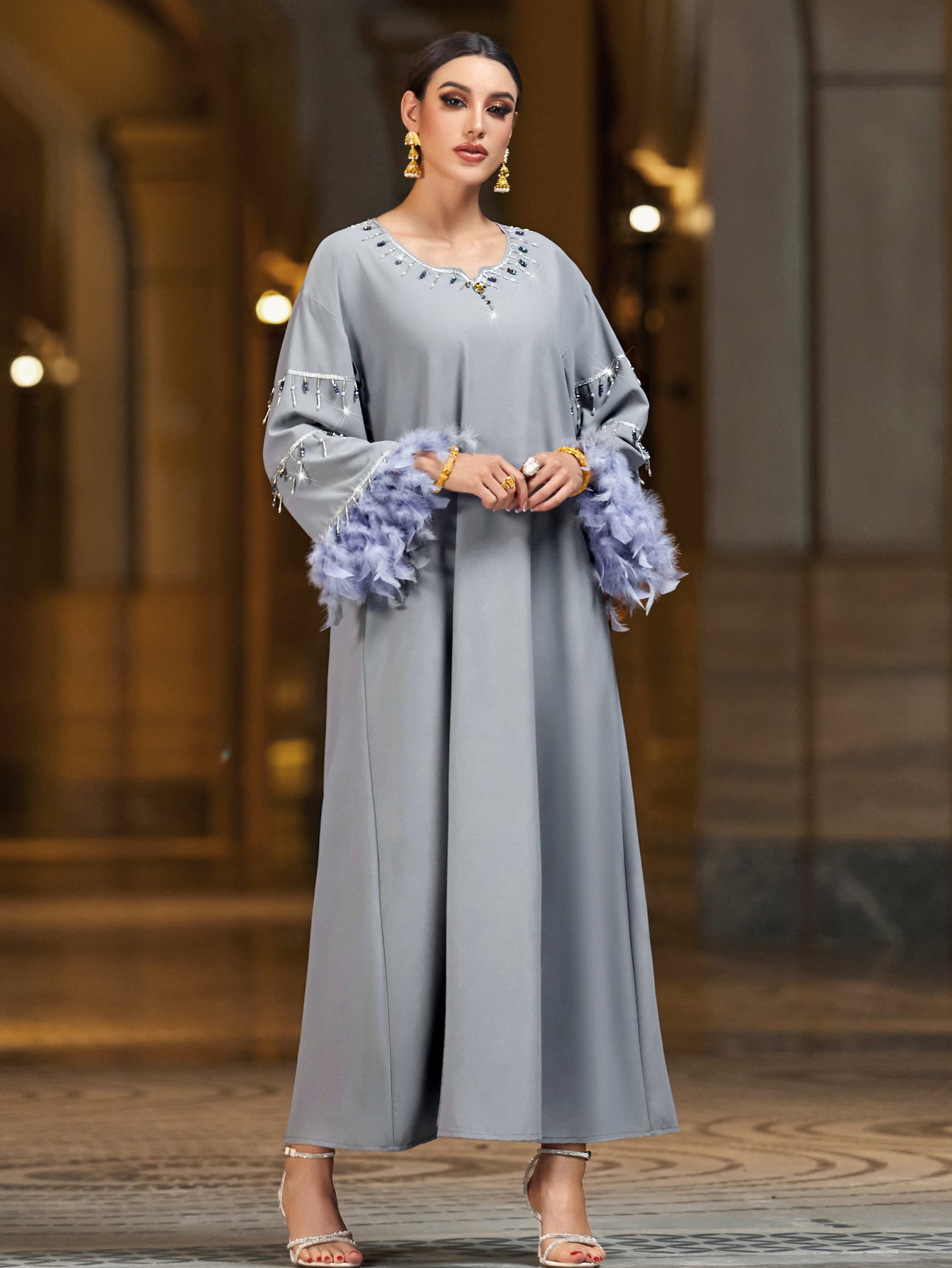 4005 Hand-Swen Bead Embellshments Rhinestone Long Abaya,  Elegant Modest Rmantic Glamorous Vacation Fantasy  Long Sleeve