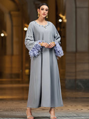 4005 Hand-Swen Bead Embellshments Rhinestone Long Abaya,  Elegant Modest Rmantic Glamorous Vacation Fantasy  Long Sleeve