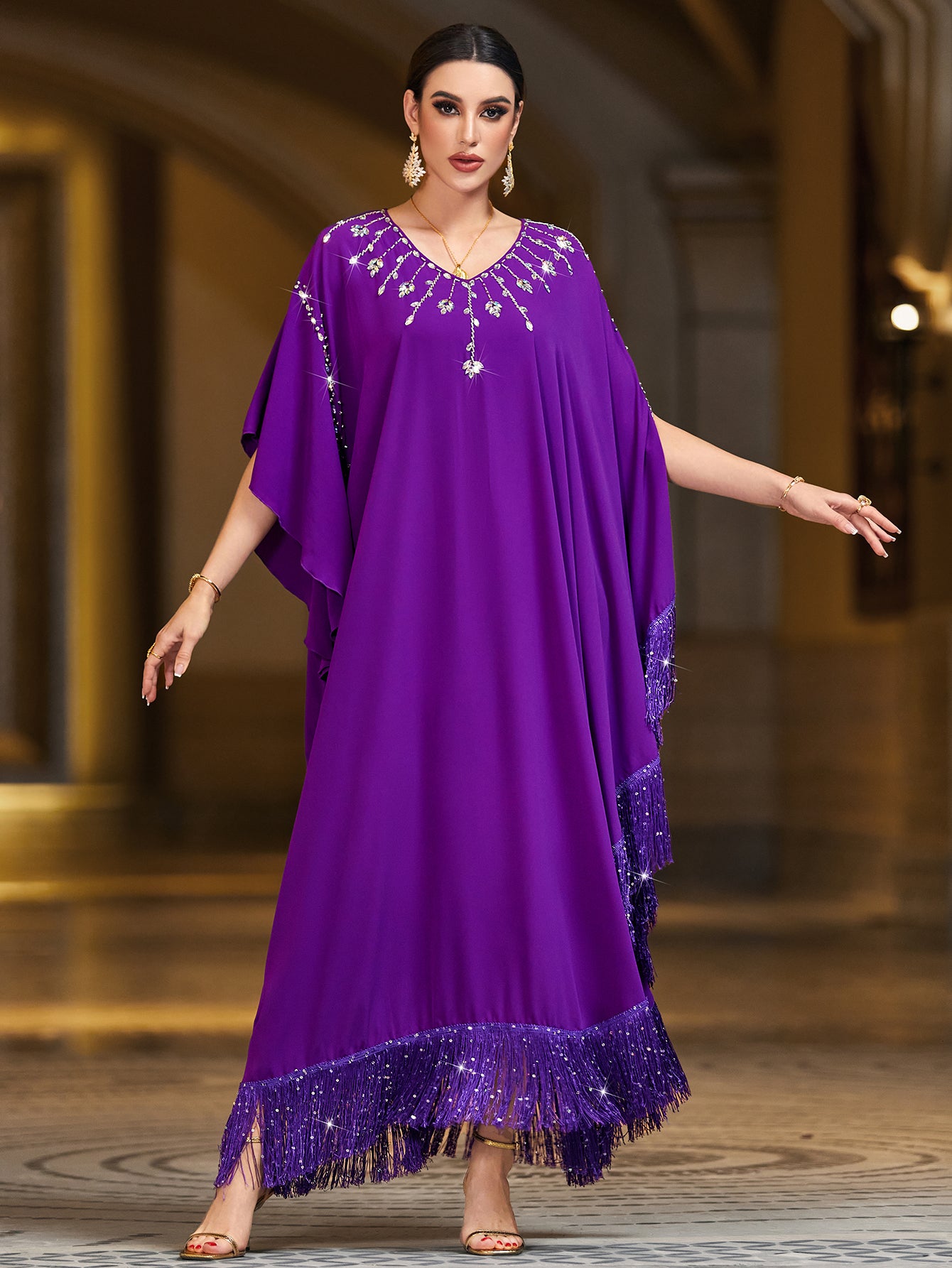 4144 Hand-Swen Bead Embellshments Rhinestone Long Abaya,  Elegant Rmantic Glamorous Vacation Fantasy Short Sleeve