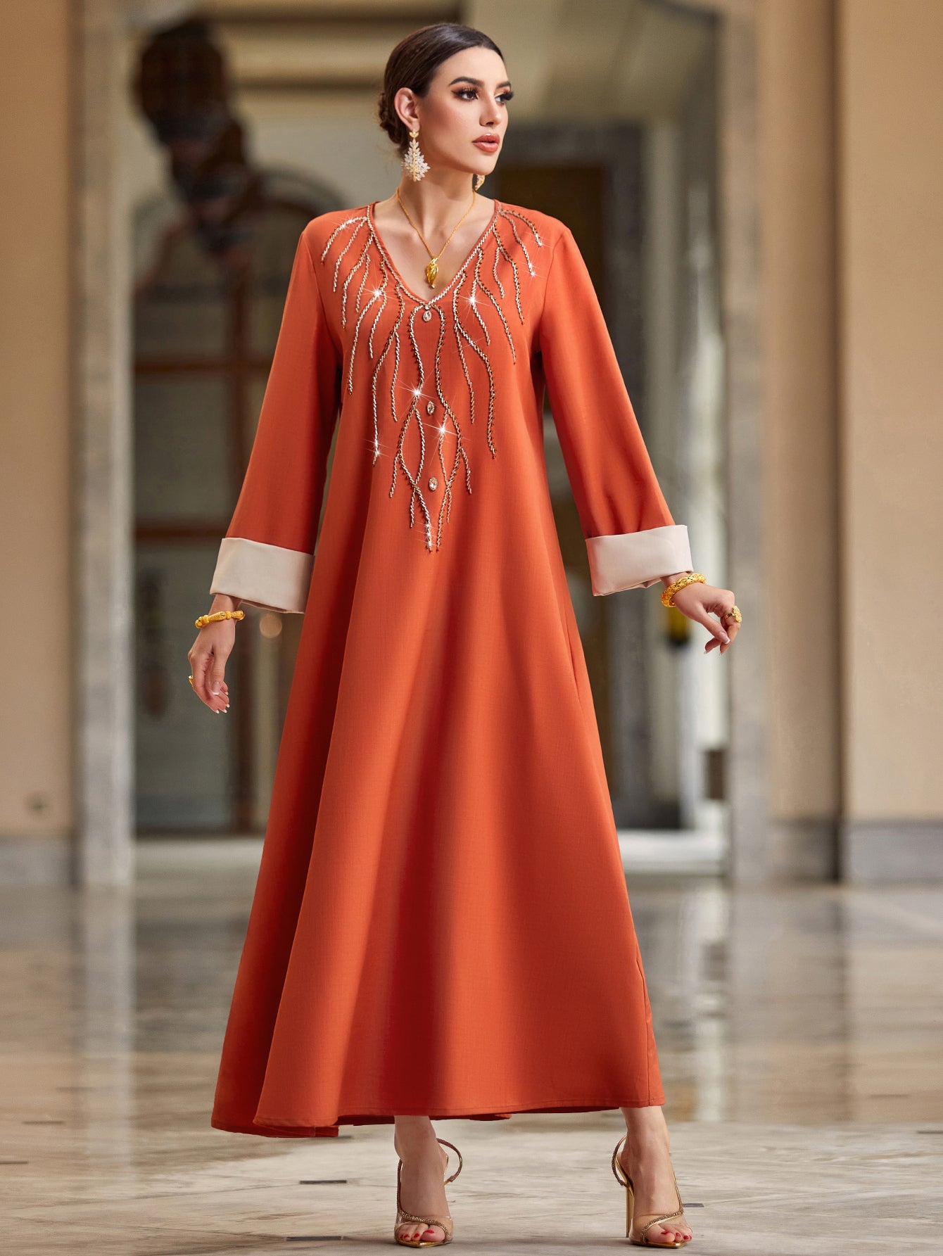 4055 Hand-Swen Bead Embellshments Rhinestone Long Abaya,  Elegant Modest Rmantic Glamorous Vacation Fantasy  Long Sleeve