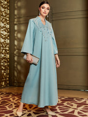 Light Blue Beaded Long-Sleeve Maxi Dress