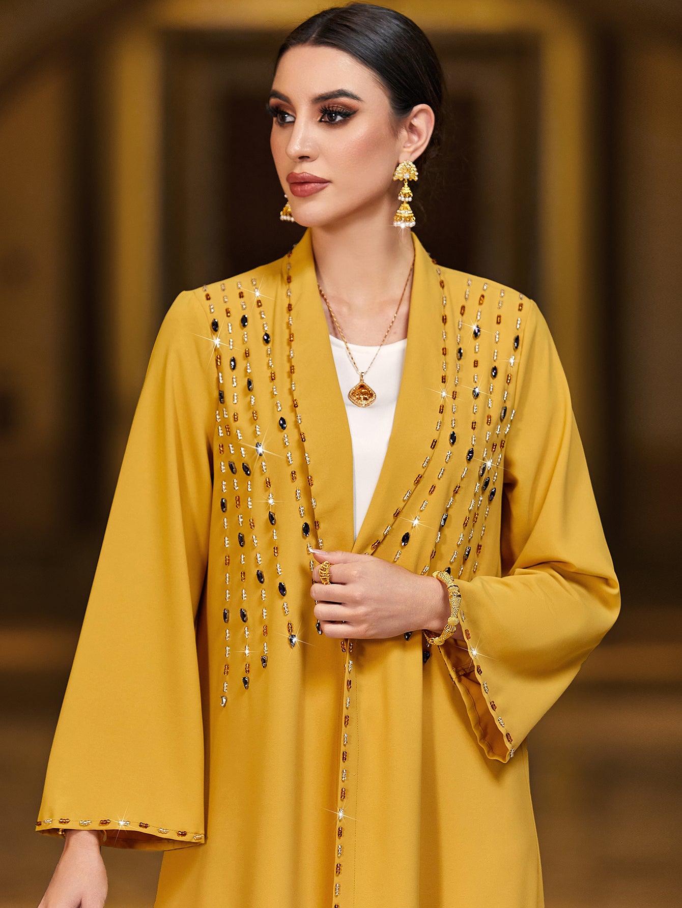4016 Hand-Swen Bead Embellshments Rhinestone Long Abaya,  Elegant Rmantic Glamorous Vacation Fantasy Long Sleeve