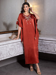 15140 Burgundy Silk Abaya Dress – Glittering Bead Embellishments & High Slit, Exude Luxurious Aura in Formal Events