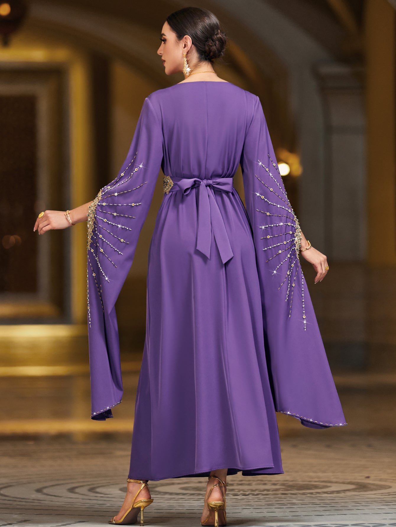 4006 Hand-Swen Bead Embellshments Rhinestone Long Abaya,  Elegant Modest Rmantic Glamorous Vacation Fantasy  Long Sleeve