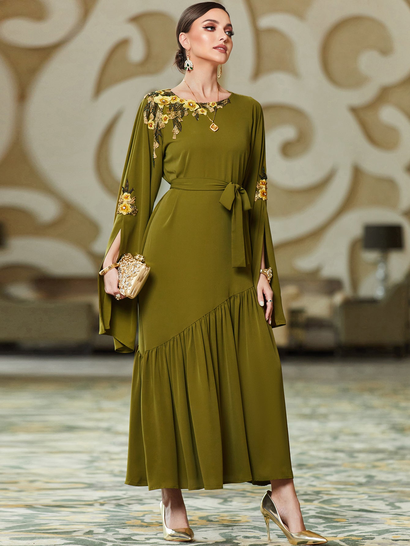 BA3048 Army Green Embroidered Long-Sleeve Dress