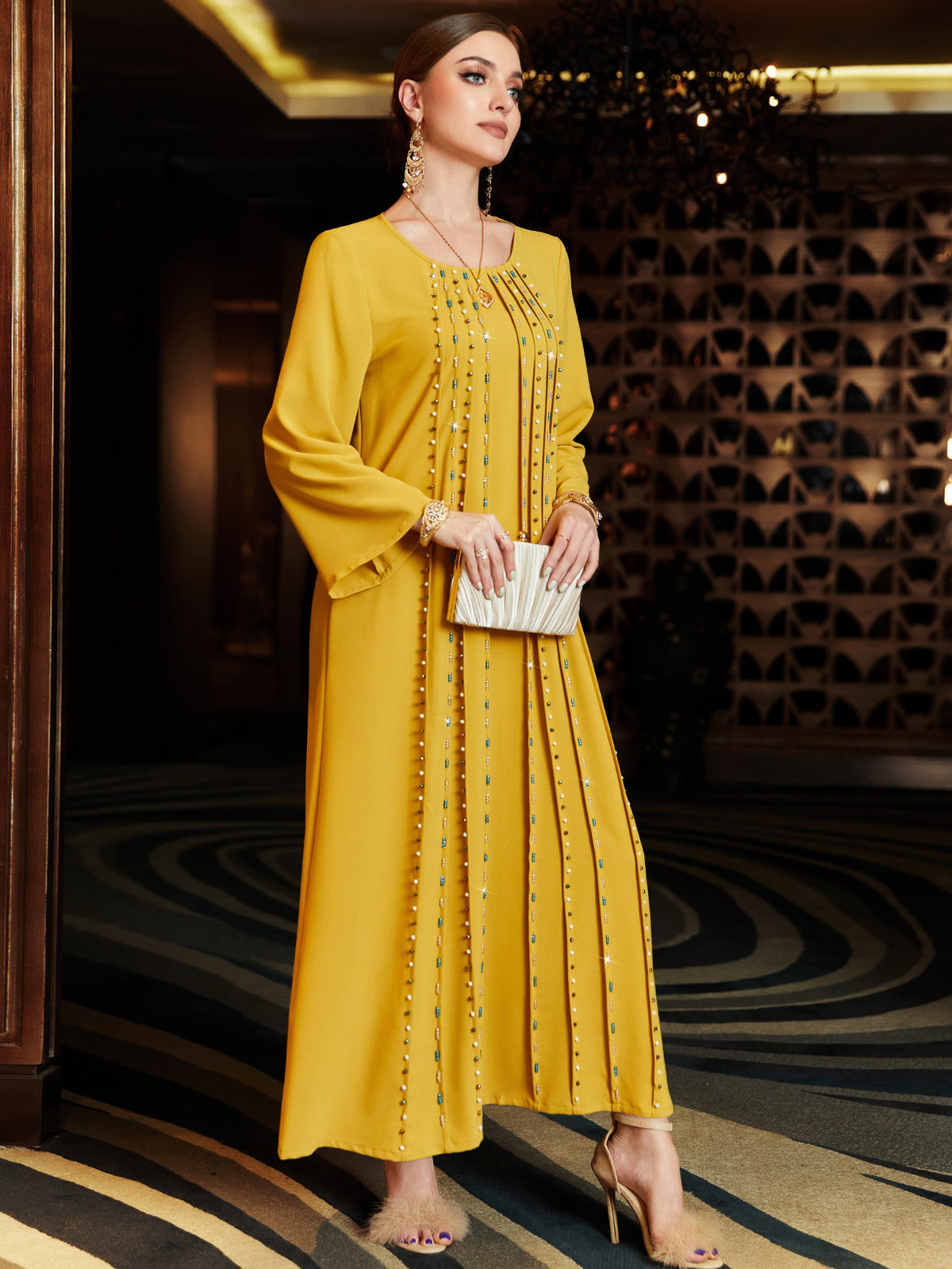 Bright Yellow Striped-Bead Kaftan Dress