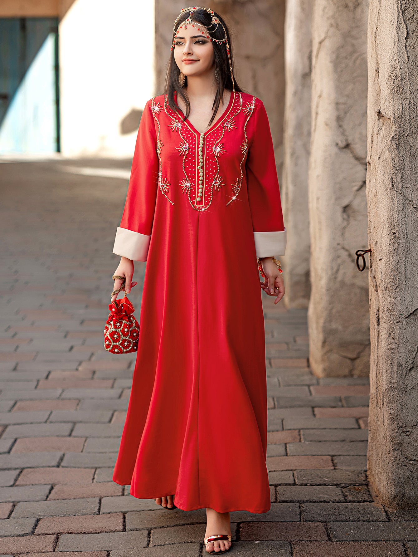 4117 Hand-Swen Bead Embellshments Rhinestone Long Abaya,  Elegant Modest Rmantic Glamorous Vacation Fantasy  Long Sleeve