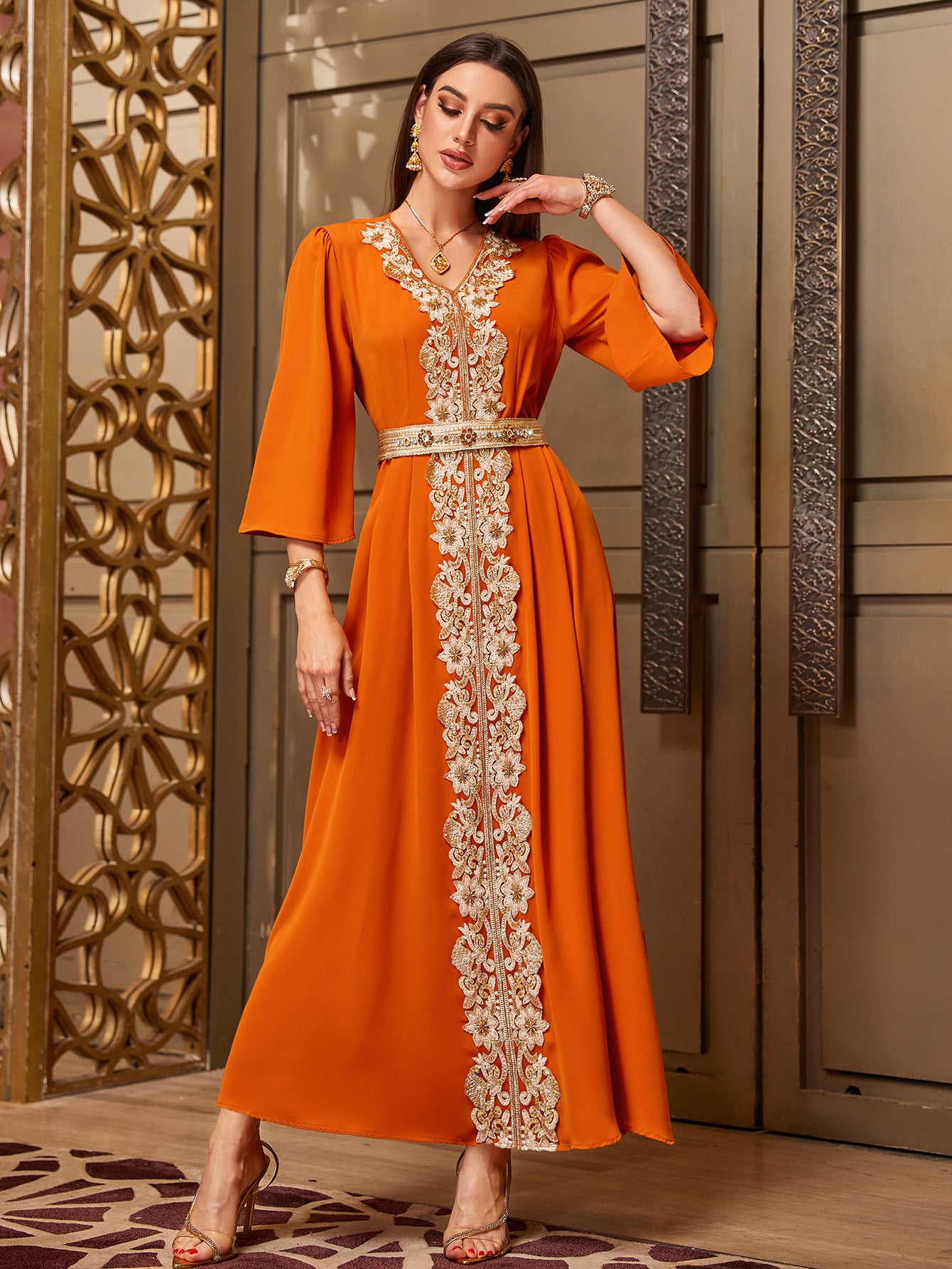 4070 Hand-Swen Bead Embellshments Rhinestone Long Abaya,  Elegant Rmantic Glamorous Vacation Fantasy Short Sleeve
