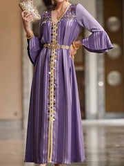 BA4137 Fashion V-Neck Long Sleeve Handmade Beaded Dress Elegant Robe Spot