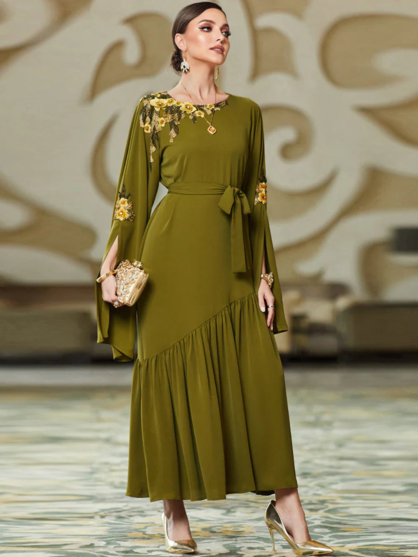 BA3048 New Army Green Middle East Super Long Sleeve Embroidered Decal Dress, Dubai Dress