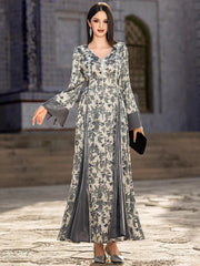15244 v-neck satin jacquard dress hand-sewn bead elegant long-sleeved dress
