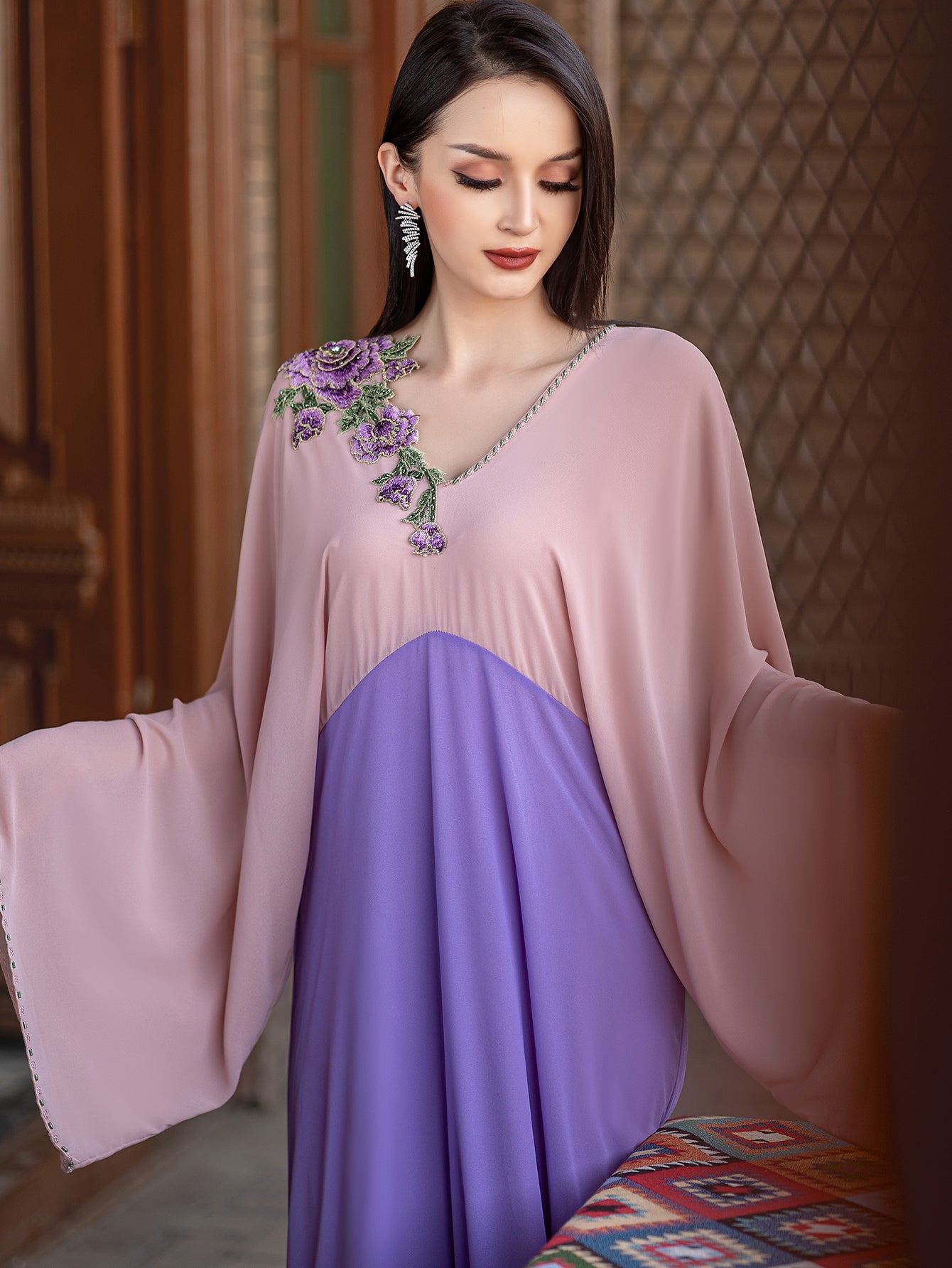 5220Pink & Purple Two-Tone Abaya Dress | Arabic V-Neck Floral Embroidery Gown with Wide Sleeves