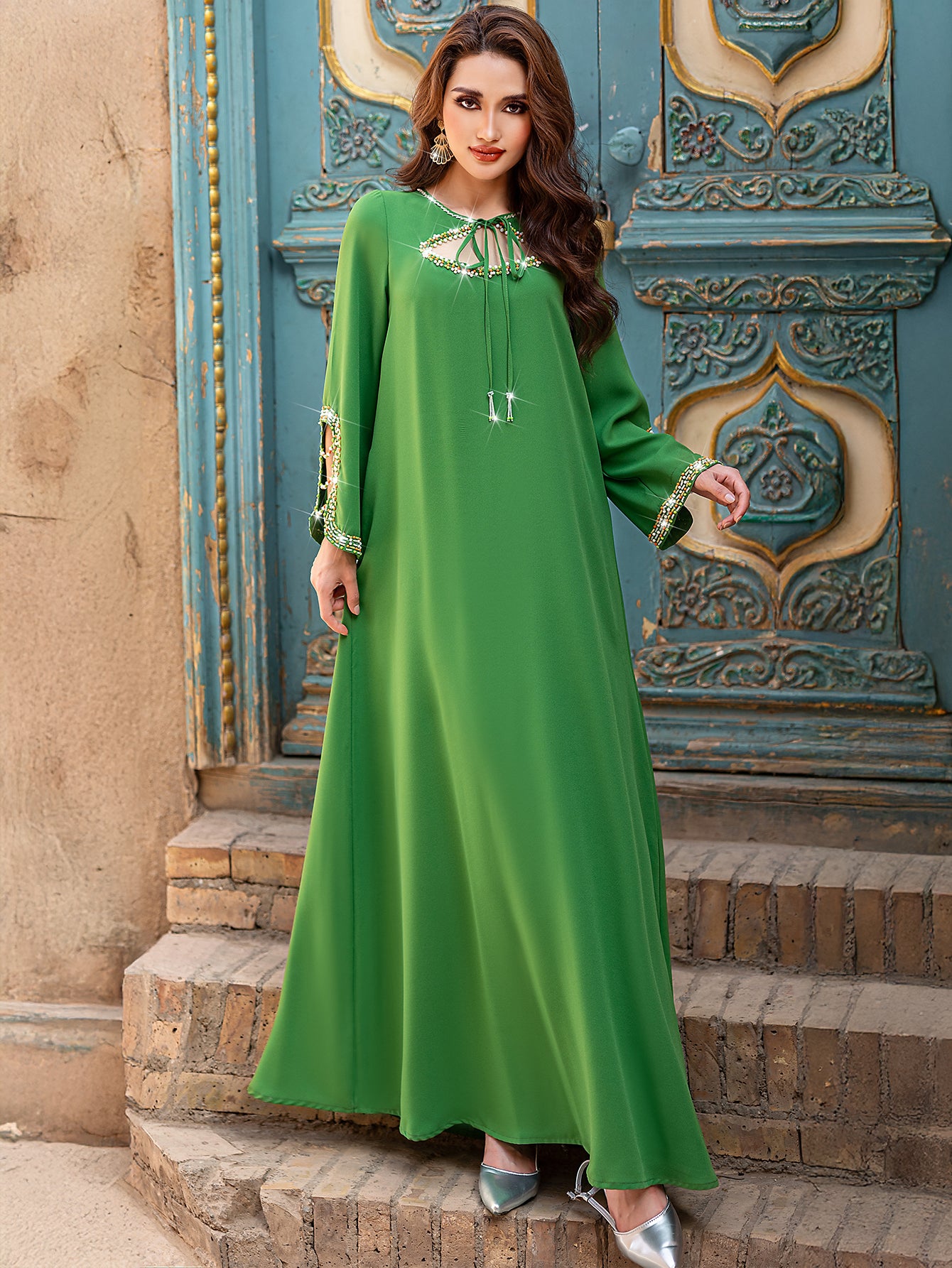 5205 Luxury Emerald Abaya | Hand-Beaded Neckline & Crystal-Trimmed Bell Sleeves