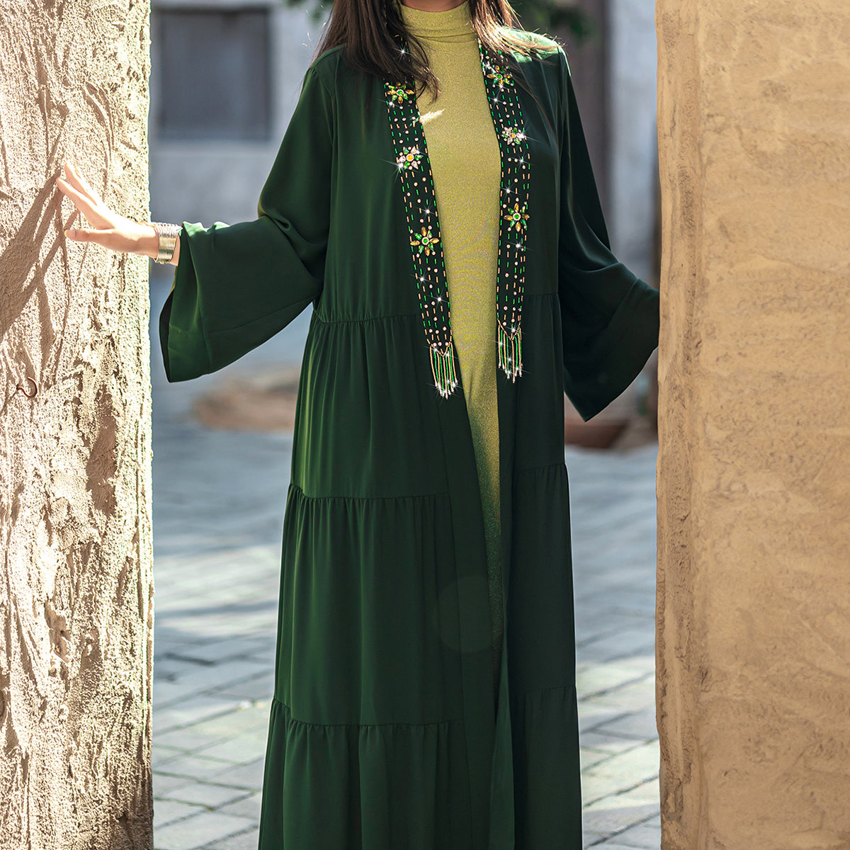 4079 Middle Eastern Style Dark Green Green Two-Piece Set - Colorful Embroidered Tassel Long Cardigan Dress & Inner Gown