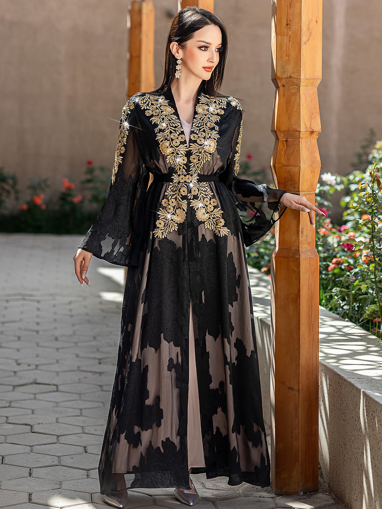 5228Arabic Two-Piece Abaya Dress | Black Sheer Embroidered Gown with Layered Silhouette