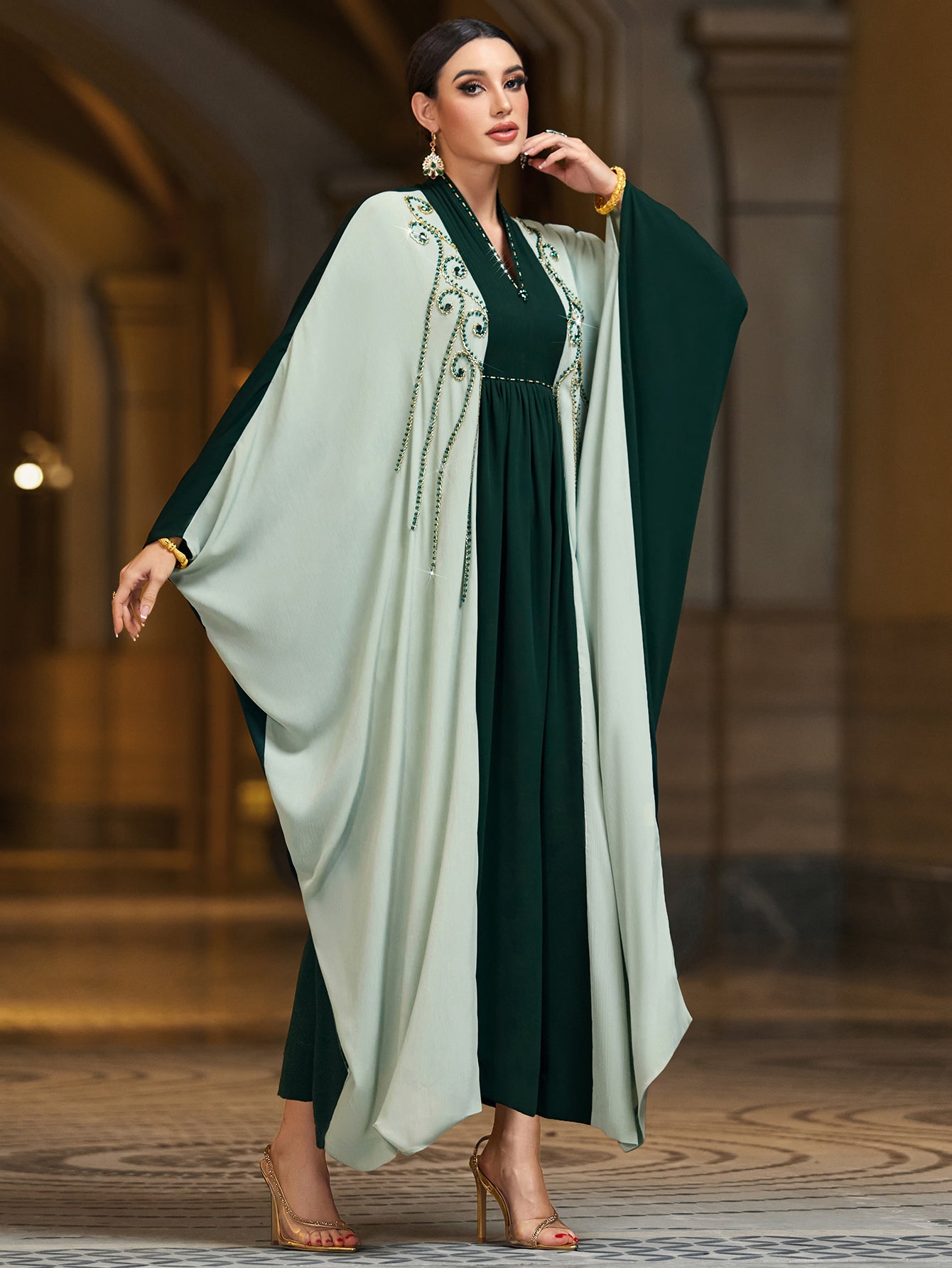4027 Middle Eastern Style Green Contrast Embellished Maxi Dress - Elegant Flowing Cape Sleeve Gown