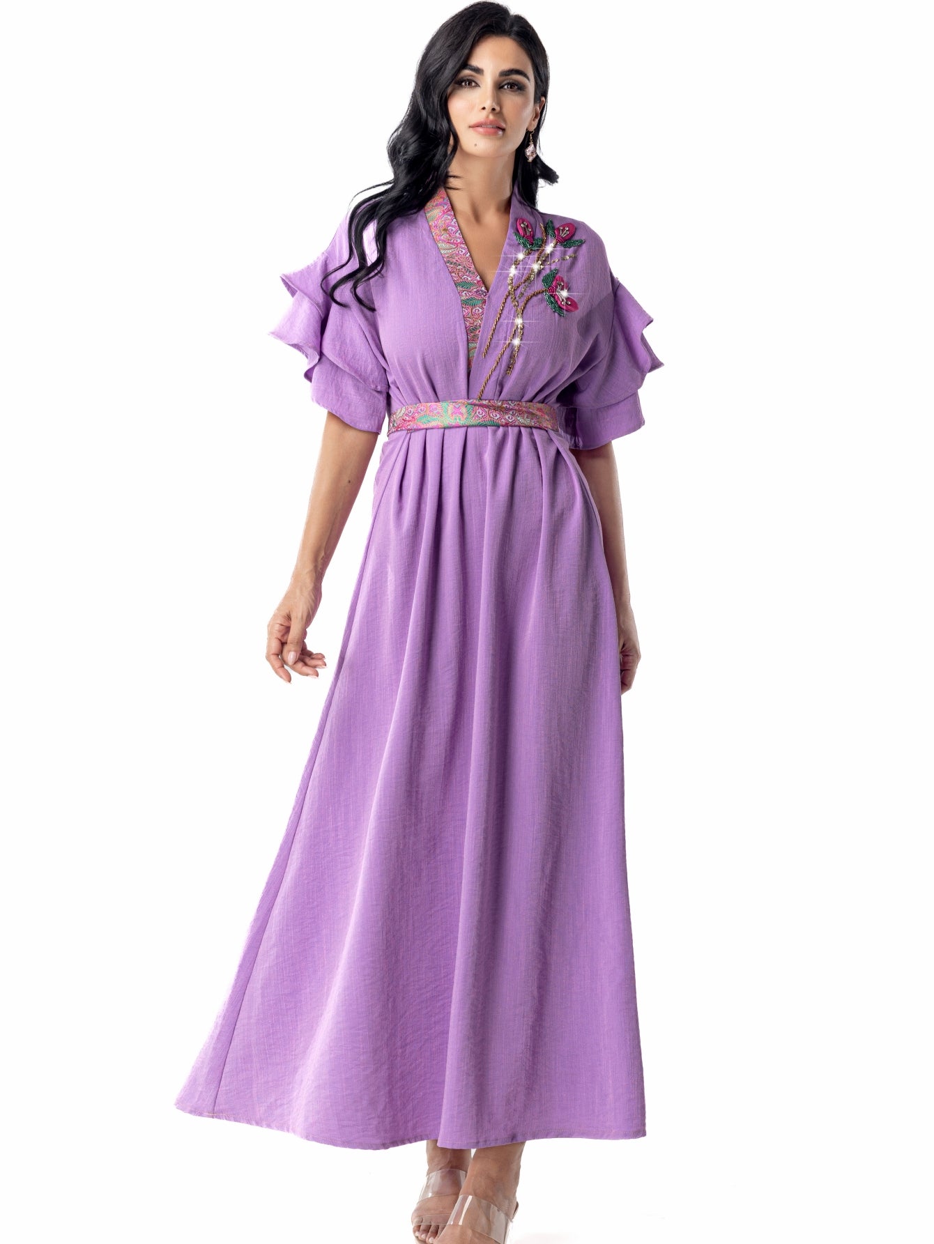 5110 abaya robe dress, floral beads shine, lotus leaf sleeves with waist design, a must for parties