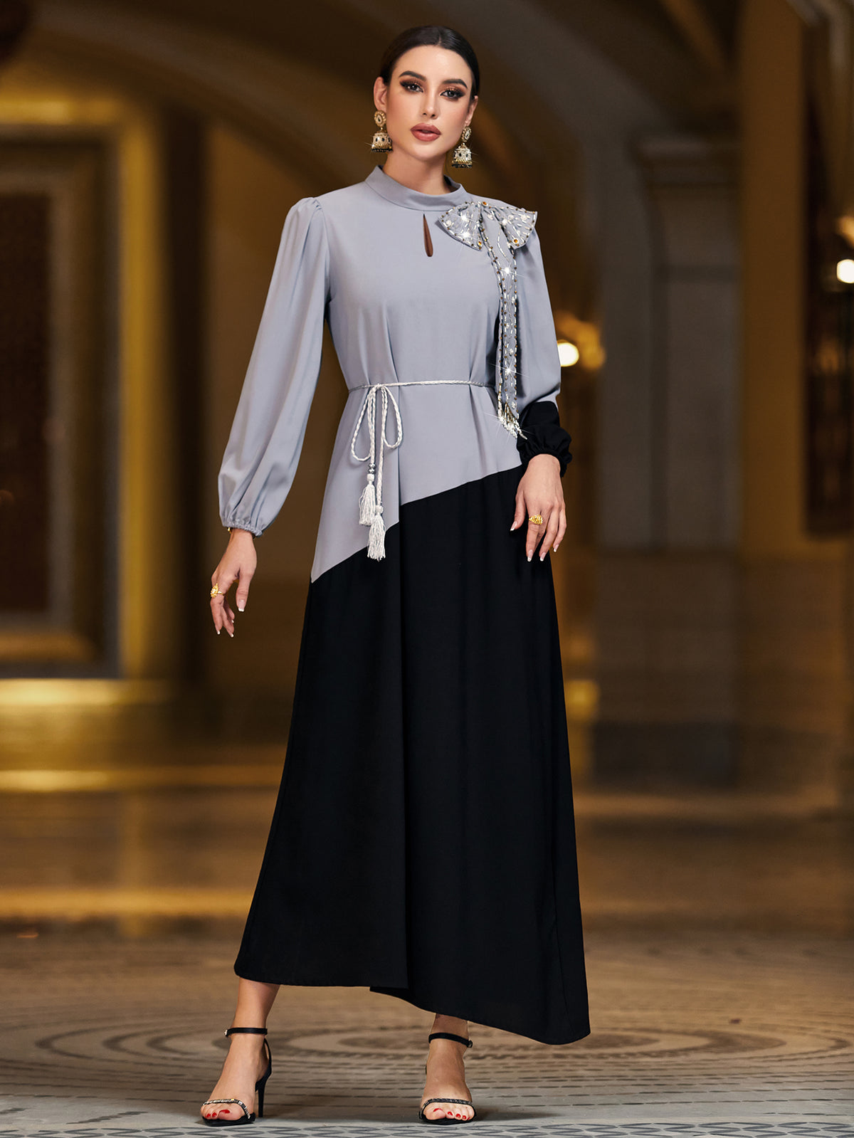 4071 Middle Eastern Style Grey Black Colorblock Sequin Embellished Puff Sleeve Maxi Dress - Elegant Belted Asymmetrical Gown