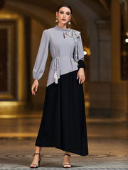 4071 Middle Eastern Style Grey Black Colorblock Sequin Embellished Puff Sleeve Maxi Dress - Elegant Belted Asymmetrical Gown