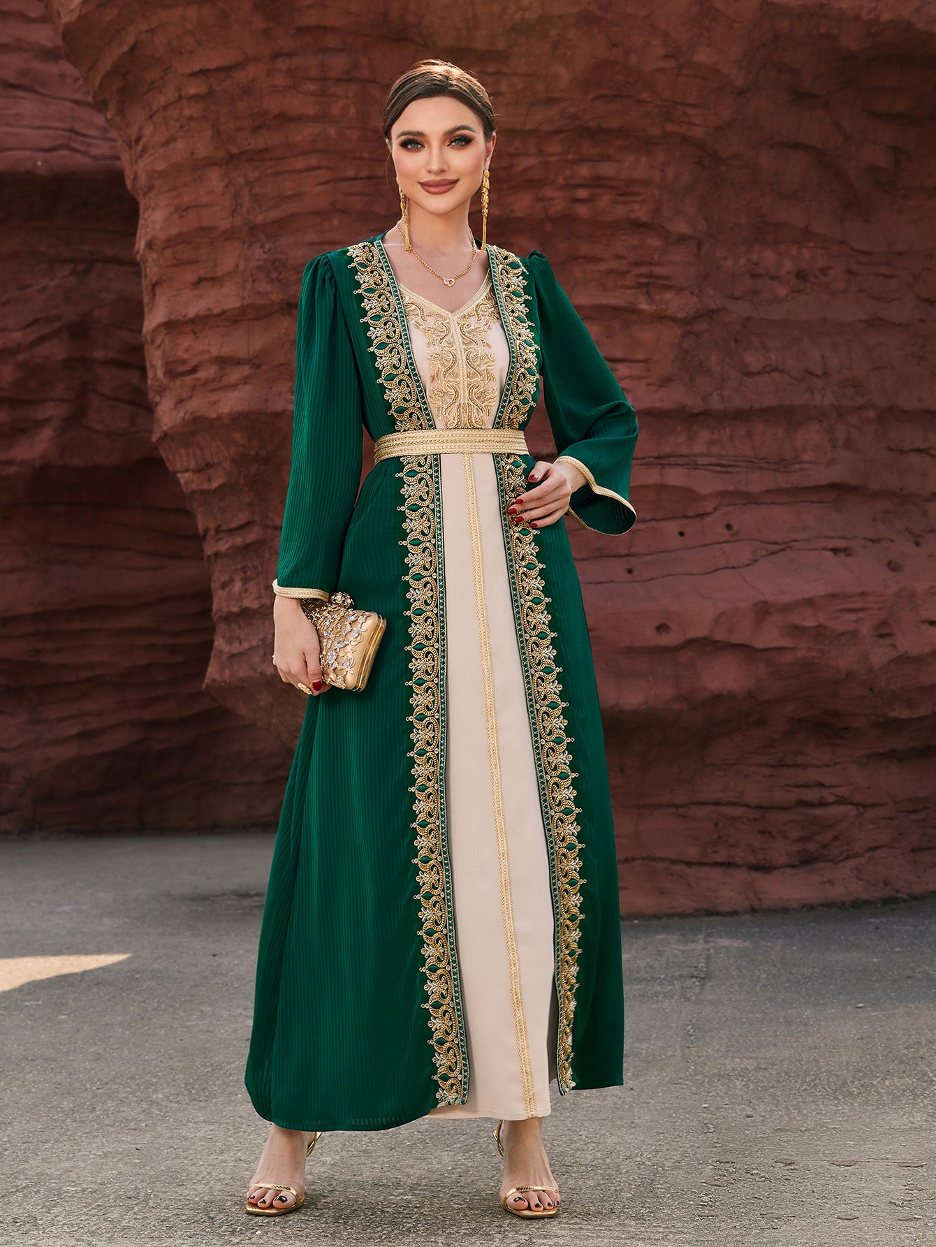4088 Middle Eastern Style Green Beige Colorblock Gold Embroidered Long Sleeve Belted Maxi Dress - Elegant Contrast Decorated Gown