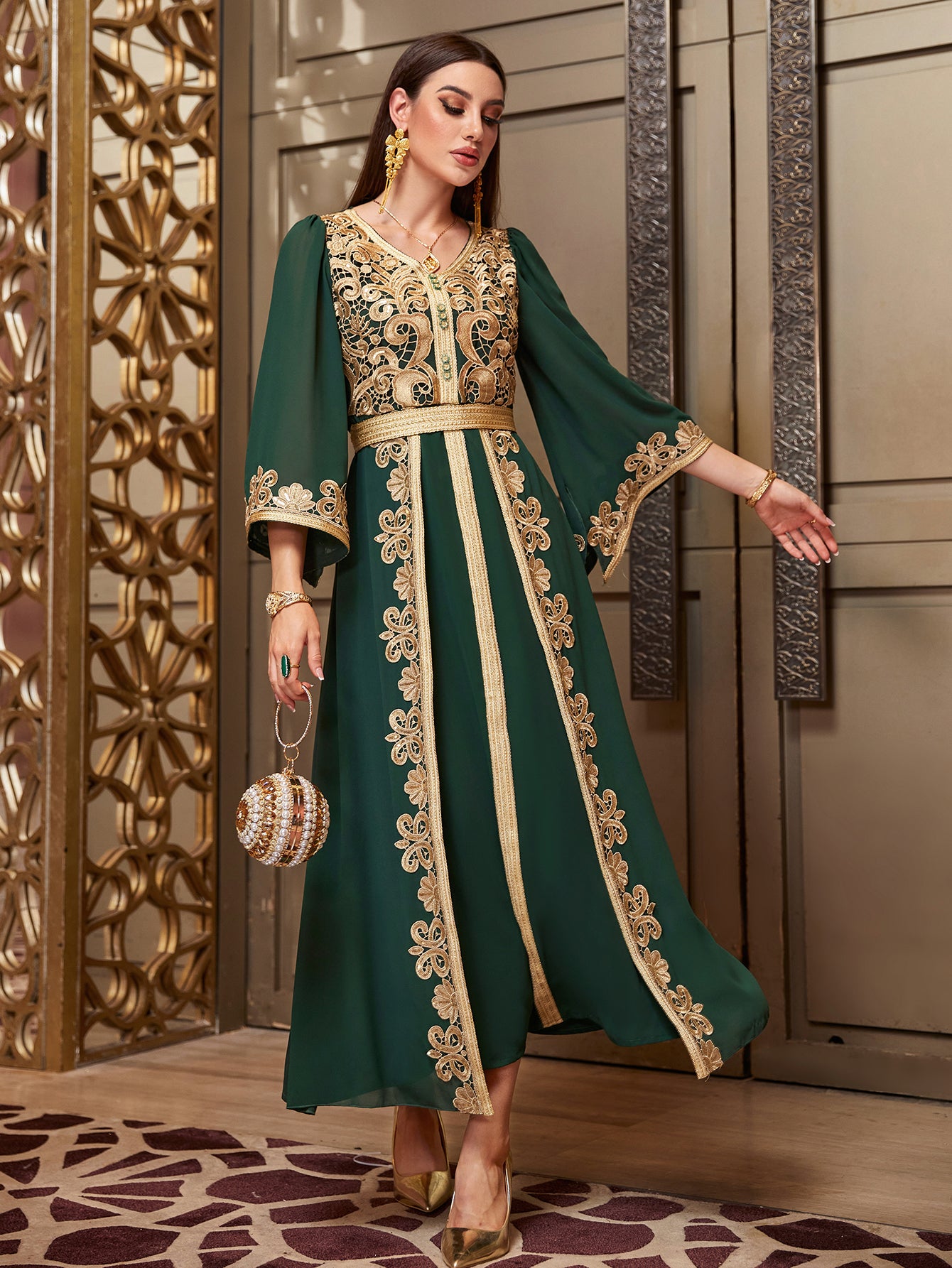 4118 Middle Eastern Style Dark Green Gold Floral Embroidered Bell Sleeves Belted Pseudotwo-Piece Maxi Dress - Elegant Ornate Decorated Gown