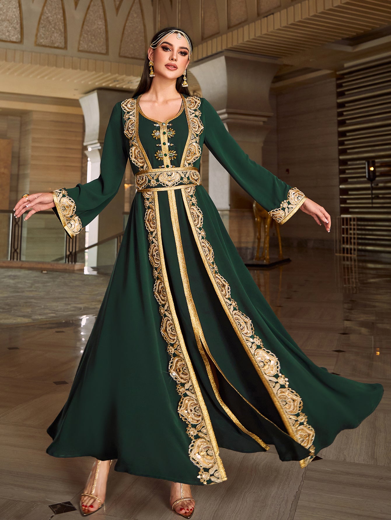 4081 Middle Eastern Style Dark Green Gold Embroidered Long Sleeve Belted Maxi Dress - Elegant Ornate Gown