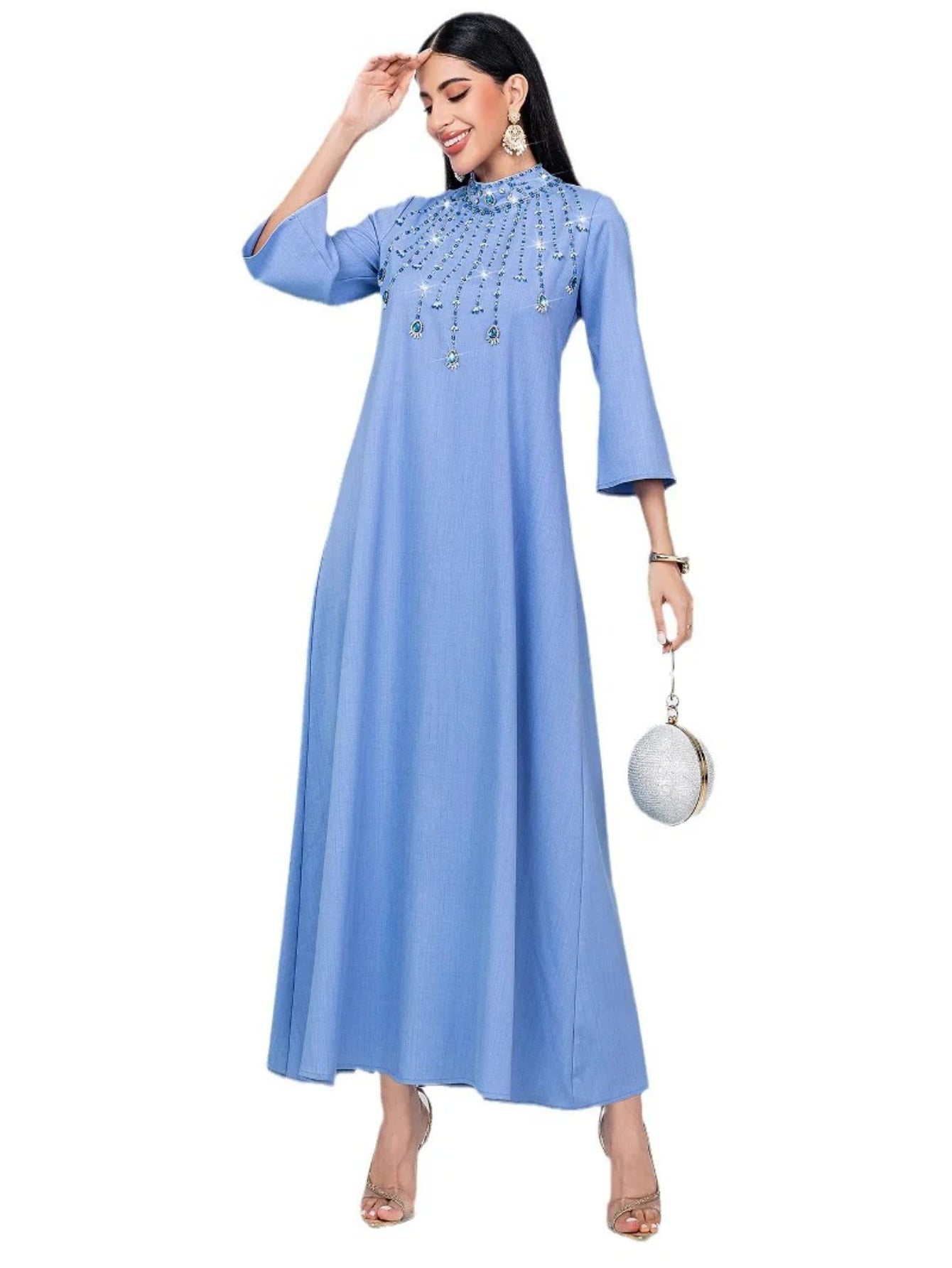 15135 blue semi-turtleneck hand-sewn glass drill large size dress A-shaped skirt Middle East party dress