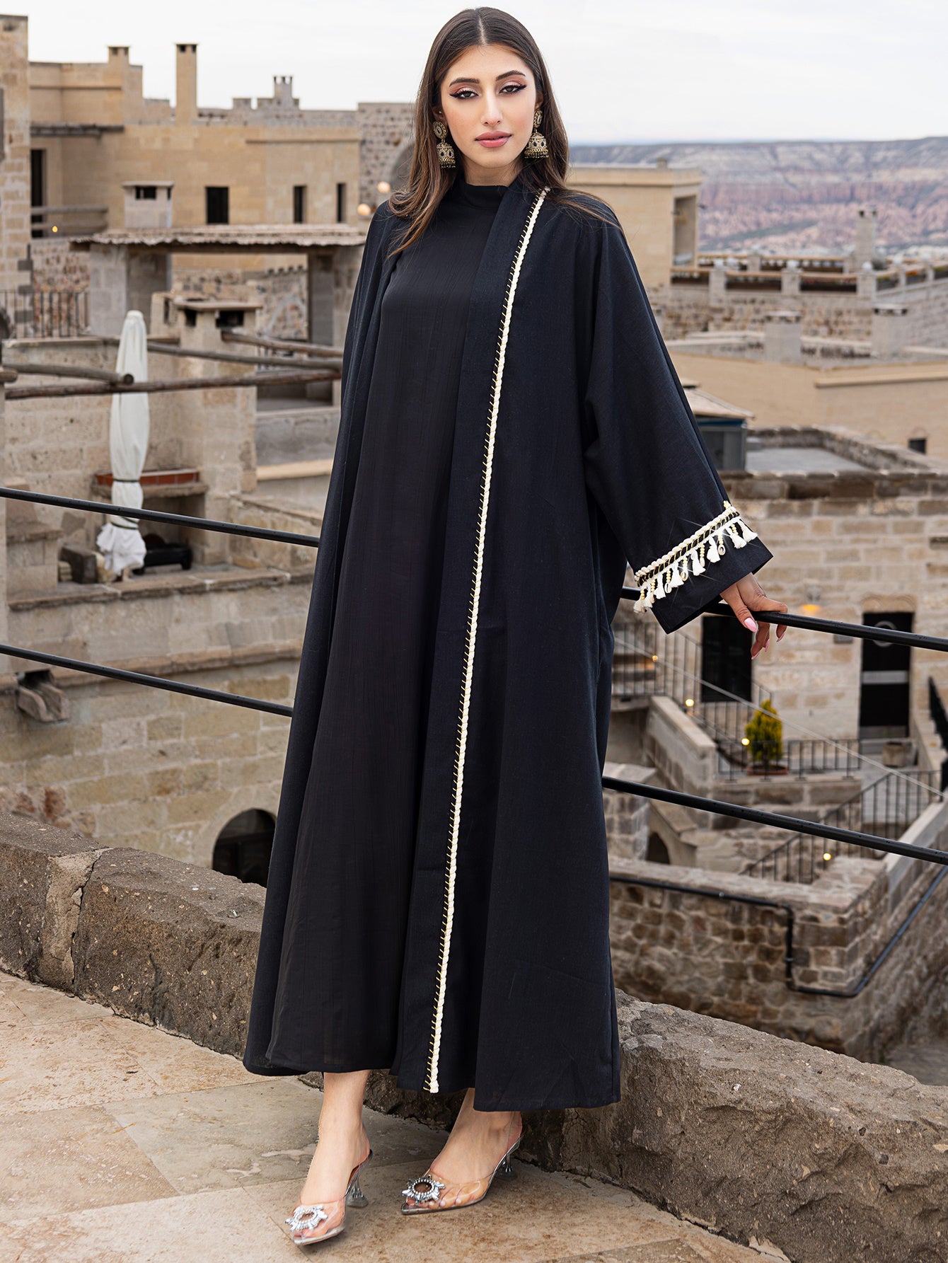 5062 Ya black Ramadan loose robe beaded with tassels embellished with a single piece
