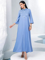 15135 blue semi-turtleneck hand-sewn glass drill large size dress A-shaped skirt Middle East party dress