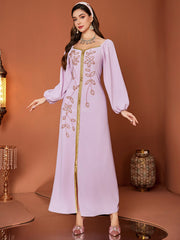 Gold-Embroidered Puff-Sleeve Maxi Dress