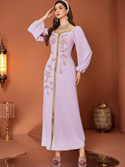 Gold-Embroidered Puff-Sleeve Maxi Dress