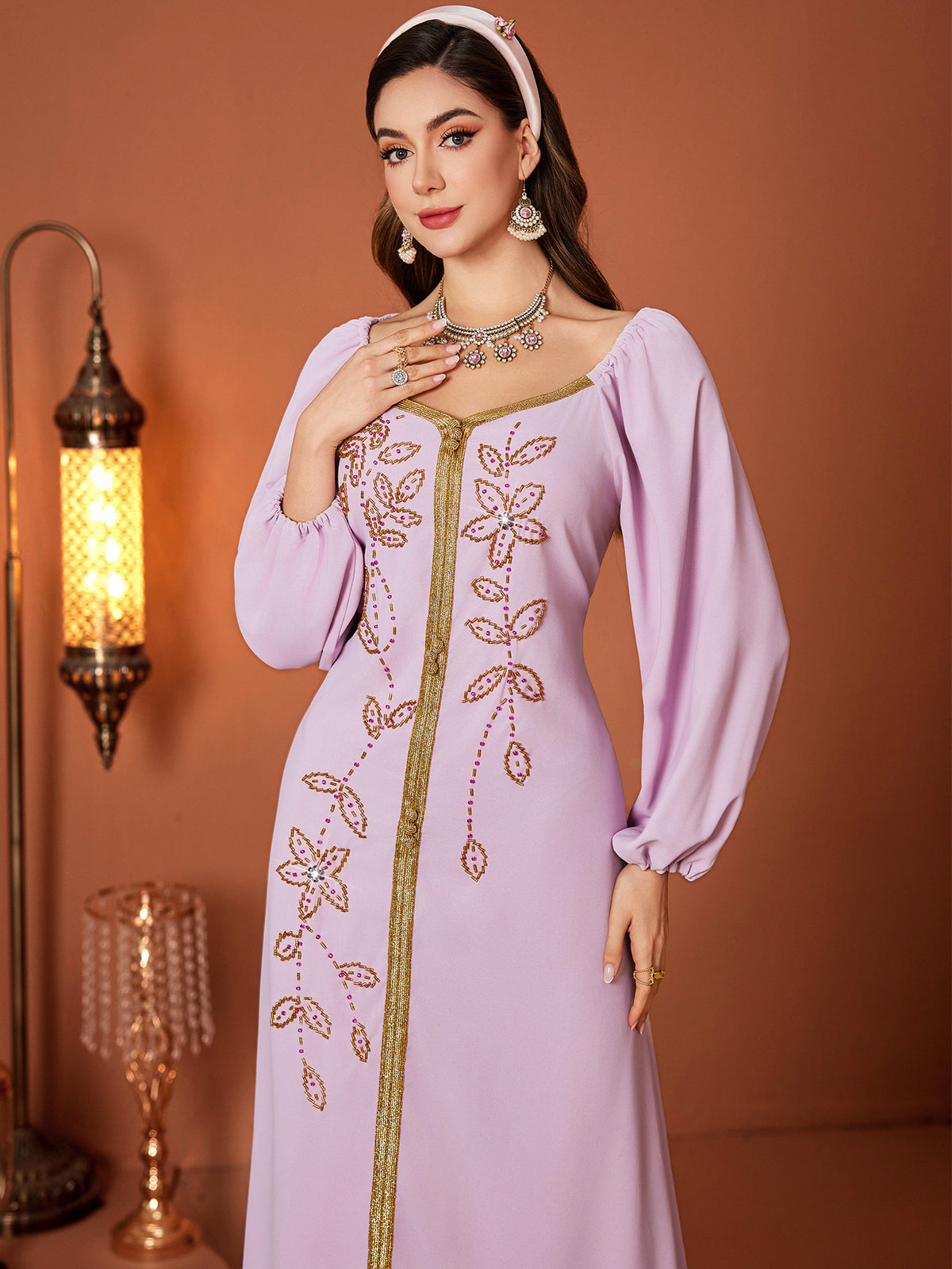 Gold-Embroidered Puff-Sleeve Maxi Dress