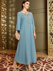 3033 Elegant embroidered diamond-set, light blue mid-eastern wind loose robe dress