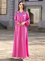 5203Rose Pink Arabic Abaya Dress | V-Neck Beaded Embroidery Gown with Draped Chains & Bell Sleeves