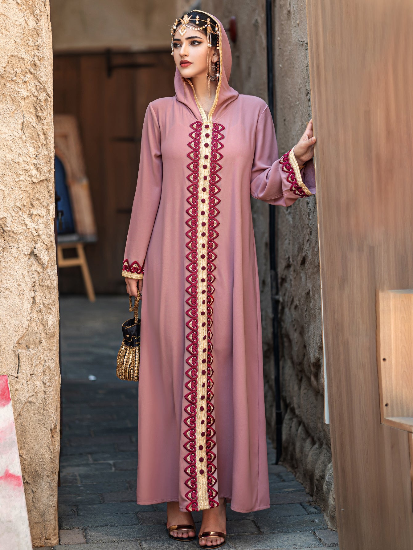 4052 Middle Eastern Style Pink Hooded Embroidered Maxi Dress - Elegant Red Beige Decorated Long Gown