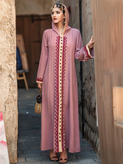 4052 Middle Eastern Style Pink Hooded Embroidered Maxi Dress - Elegant Red Beige Decorated Long Gown