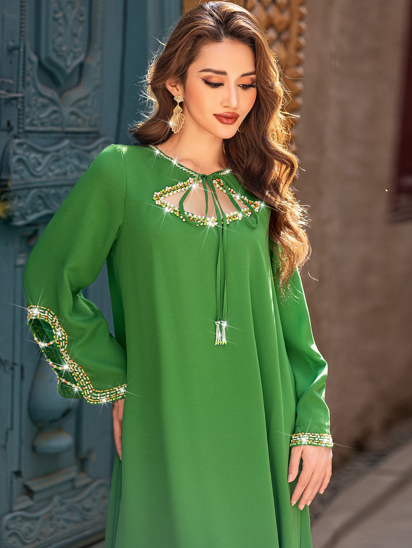 5205 Luxury Emerald Abaya | Hand-Beaded Neckline & Crystal-Trimmed Bell Sleeves
