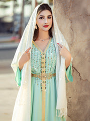 4138 Middle Eastern Style Light Green Gold Rhinestone Bead Embellished Belted Long Sleeve Maxi Dress - Elegant Decorated Gown