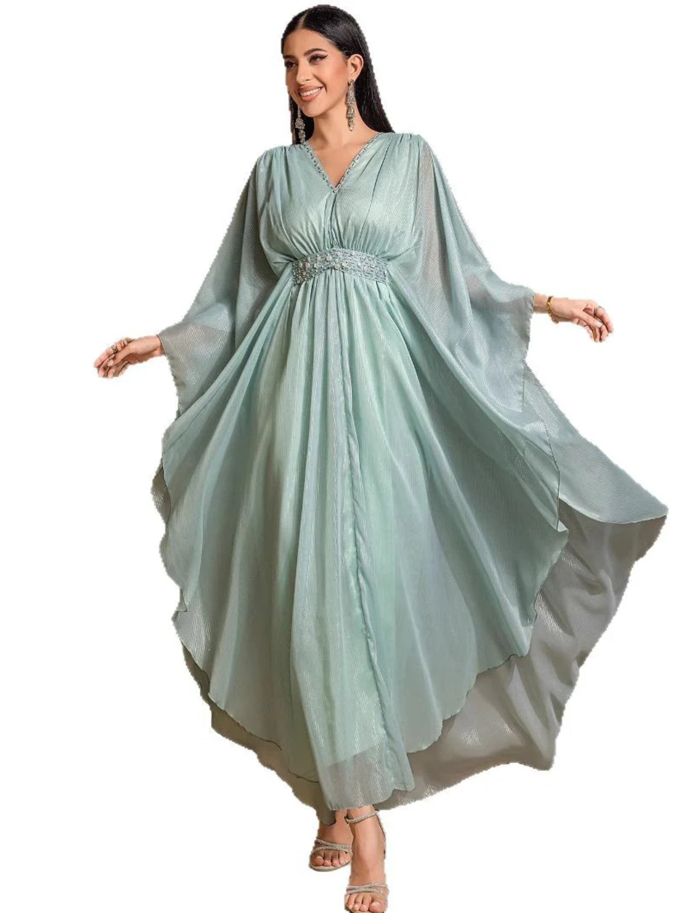 15037 new mint green hand-sewn bead robe fashion temperament travel photo dress