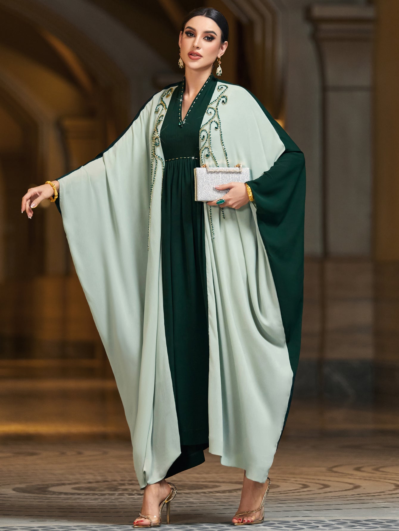 4027 Middle Eastern Style Green Contrast Embellished Maxi Dress - Elegant Flowing Cape Sleeve Gown