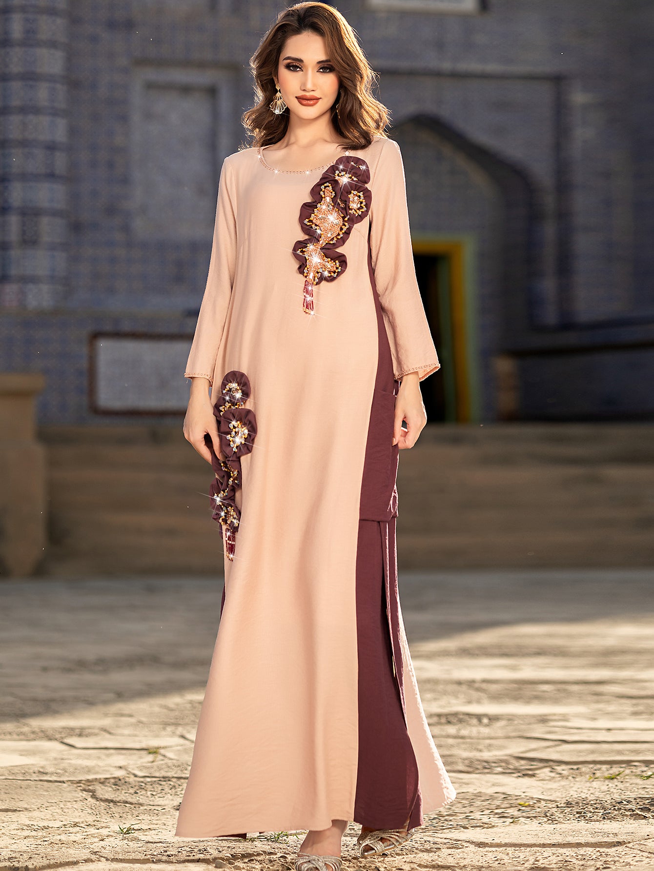 5201Luxury Pink & Burgundy Abaya Dress | Arabic Floral Embroidery with Gold Beads, Fringe & Pearl Cuffs