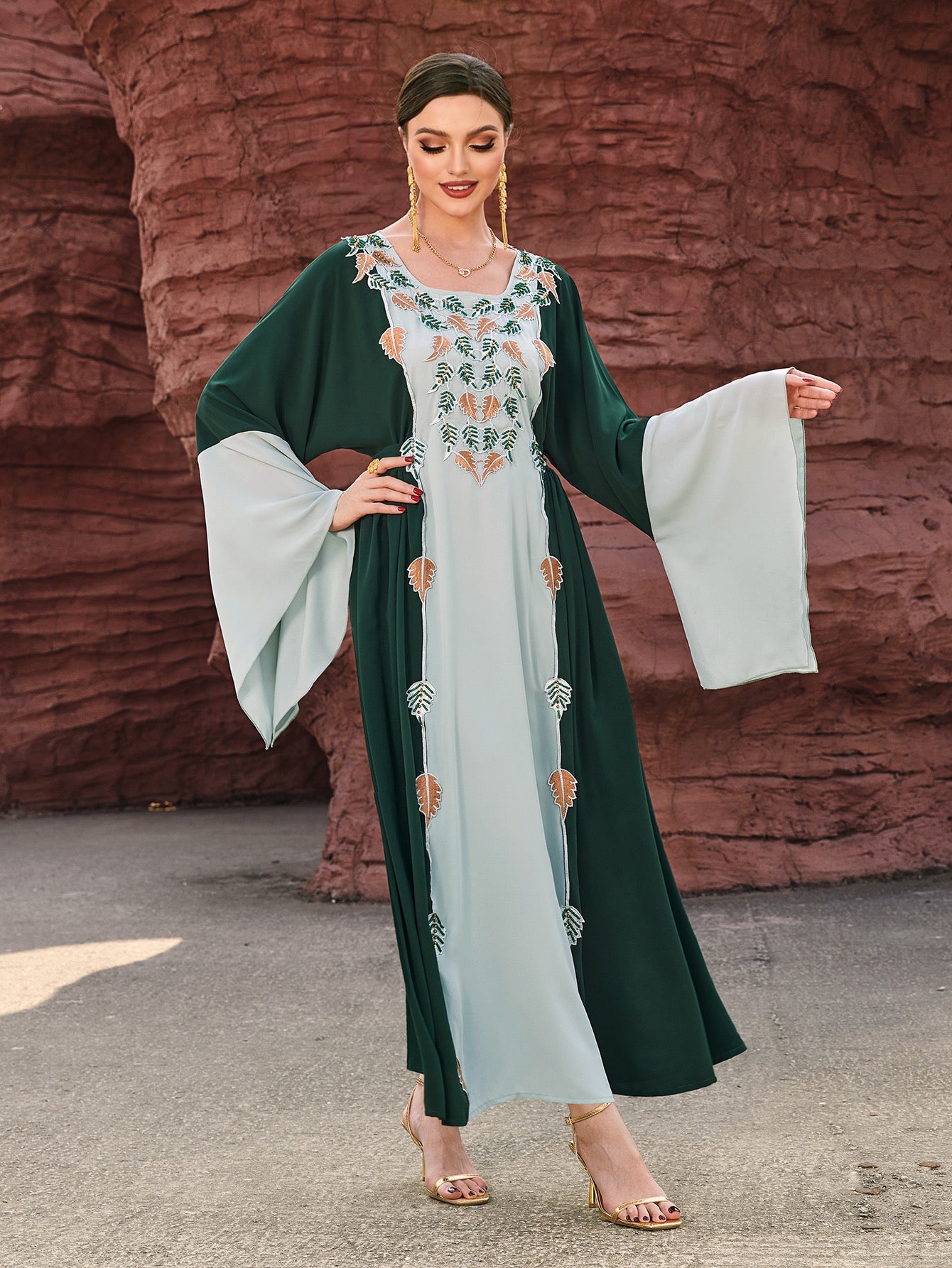 4119 Middle Eastern Style Green Light Green Colorblock Leaf Embroidered Belted Loose Sleeve Maxi Dress - Elegant Boho Decorated Gown